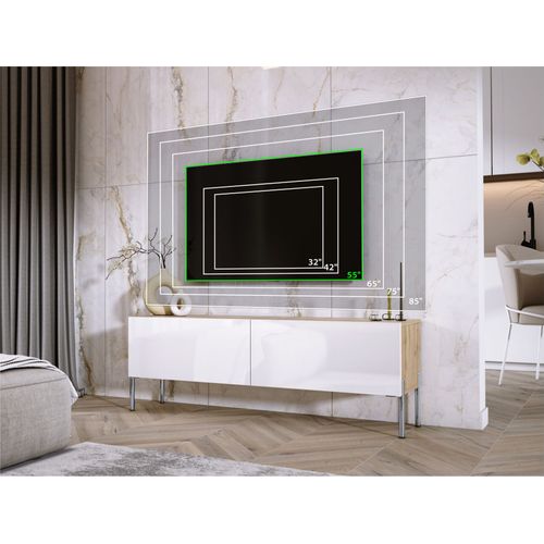 Meuble TV : Chêne Wotan / Blanc Brillant, Pieds Chrome, 140 X 52 X 32 Cm