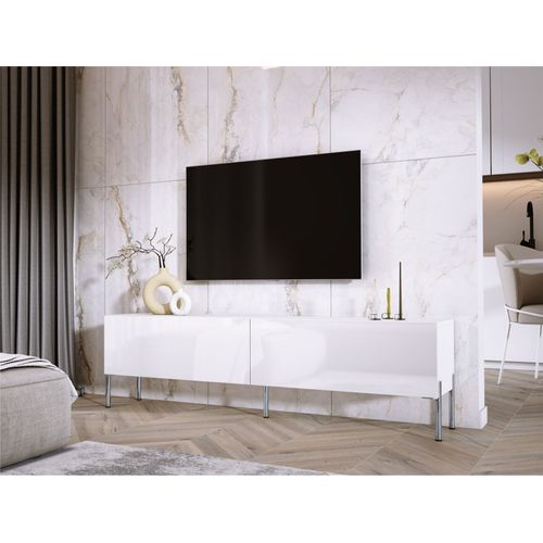 Meuble TV : Blanc Mat / Blanc Brillant, Pieds Chrome, 170 X 52 X 32 Cm