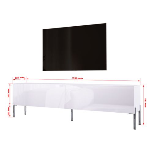 Meuble TV : Blanc Mat / Blanc Brillant, Pieds Chrome, 170 X 52 X 32 Cm