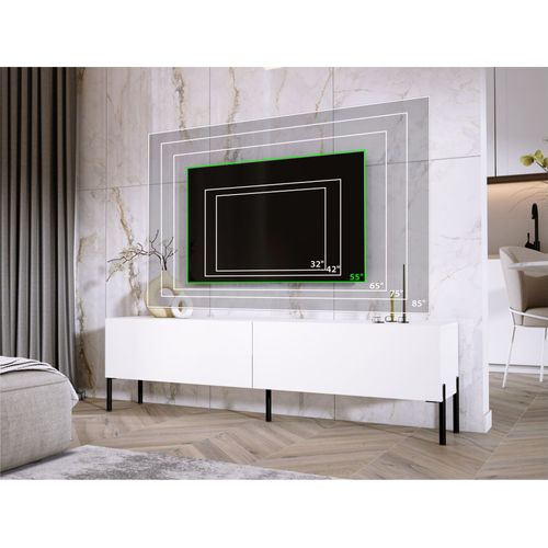 Meuble TV : Blanc Mat / Blanc Brillant, Pieds Chrome, 170 X 52 X 32 Cm