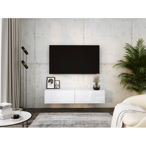 Meuble TV Suspendu, 140 X 34 X 32 Cm, Blanc / Blanc Brillant