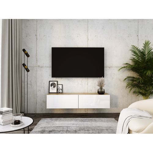 Meuble TV Suspendu, 140 X 34 X 32 Cm, Chêne Wotan / Blanc Brillant