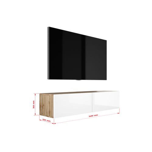 Meuble TV Suspendu, 140 X 34 X 32 Cm, Chêne Wotan / Blanc Brillant