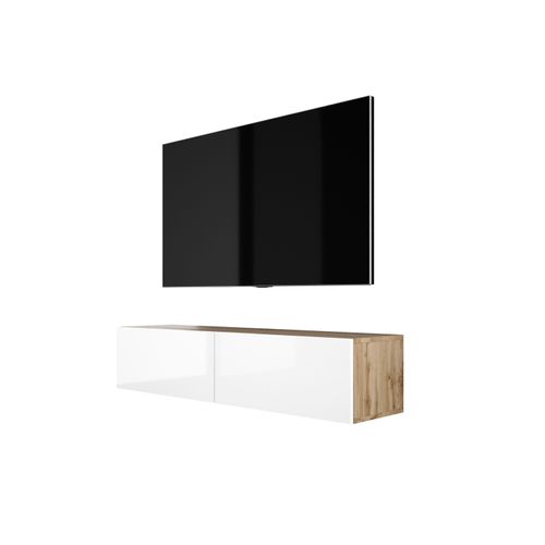 Meuble TV Suspendu, 140 X 34 X 32 Cm, Chêne Wotan / Blanc Brillant