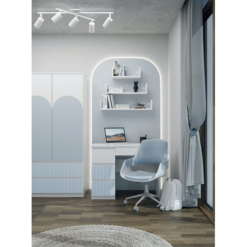 Bureau Gauche Avec 4 Tirois, 51 Cm X 98 Cm X 76 Cm, Blanc / Bleu