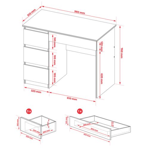 Bureau Gauche Avec 4 Tirois, 51 Cm X 98 Cm X 76 Cm, Blanc