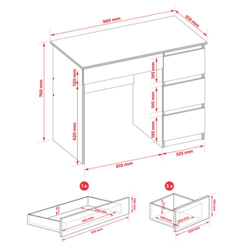 Bureau Droite Avec 4 Tirois, 51 Cm X 98 Cm X 76 Cm, Blanc, Chêne Sonoma