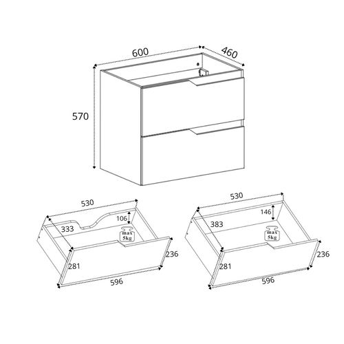 Meuble Sous-vasque Suspendu Pour Salle De Bain, Blanc, 60 X 57 X 46 Cm, Sans Plateau