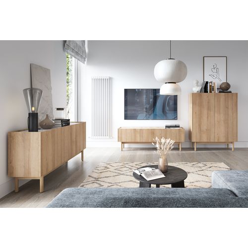 Commode : 3 Portes, 6 Étagères, Chêne Riviera, 144 X 68 X 37 Cm