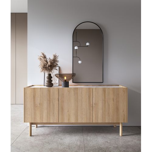 Commode : 3 Portes, 6 Étagères, Chêne Riviera, 144 X 68 X 37 Cm