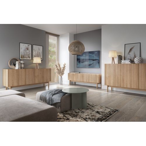 Commode : 3 Portes, 6 Étagères, Chêne Riviera, 144 X 68 X 37 Cm