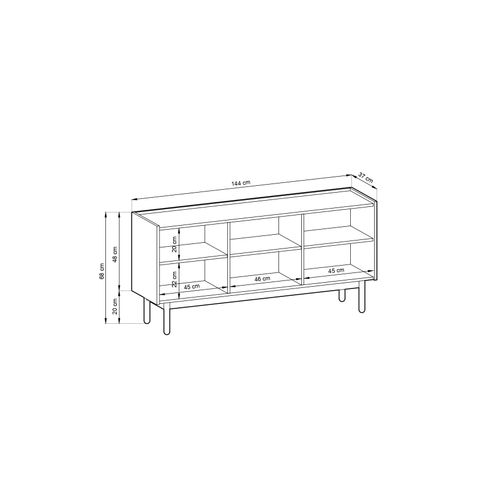 Commode : 3 Portes, 6 Étagères, Chêne Riviera, 144 X 68 X 37 Cm