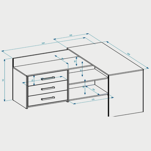 Bureau D'angle : 3 Tiroirs, 3 Étagères, Cachemire, 120 X 76 X 50 Cm