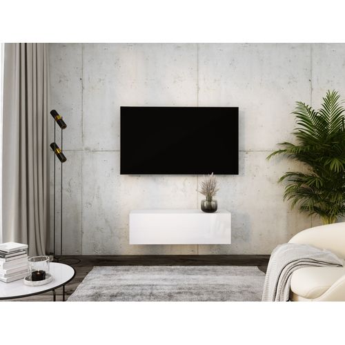 Meuble TV Suspendu, 100 X 34 X 32 Cm, Blanc Mat / Blanc Brillant