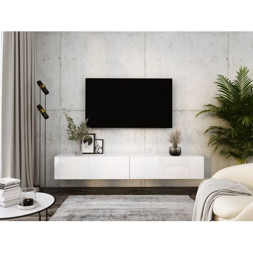 Meuble TV Suspendu, (2 X 100) X 34 X 32 Cm, Blanc Mat / Blanc Brillant