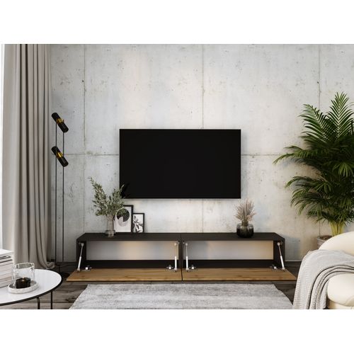 Meuble TV Suspendu, (2 X 100) X 34 X 32 Cm, Noir Mat / Chêne Wotan