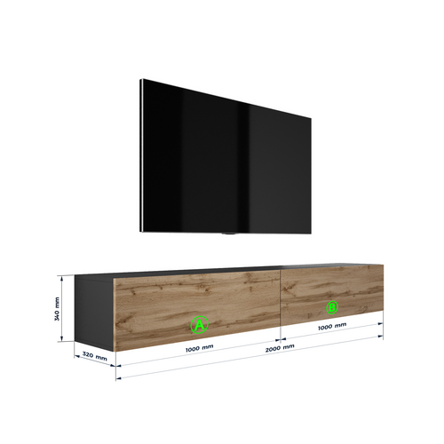 Meuble TV Suspendu, (2 X 100) X 34 X 32 Cm, Noir Mat / Chêne Wotan