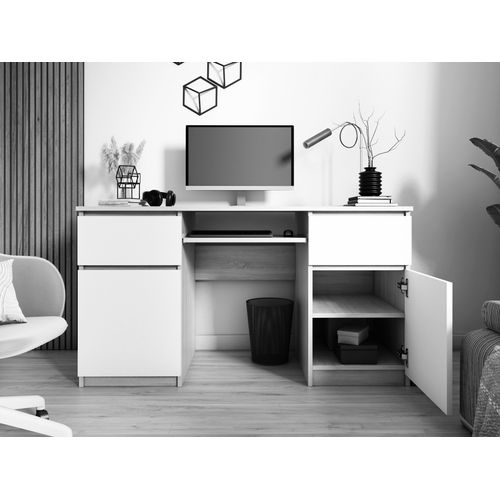 Bureau : 2 Tiroirs, 2 Portes, 5 Étagères, Sonoma, Blanc Mat, 135 X 77 X 50 Cm