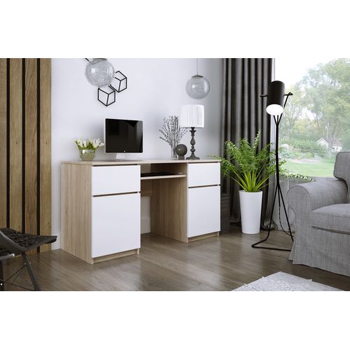 Bureau : 2 Tiroirs, 2 Portes, 5 Étagères, Sonoma, Blanc Mat, 135 X 77 X 50 Cm