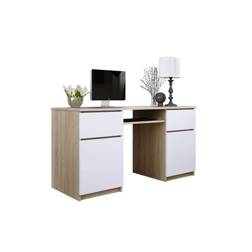 Bureau : 2 Tiroirs, 2 Portes, 5 Étagères, Sonoma, Blanc Mat, 135 X 77 X 50 Cm