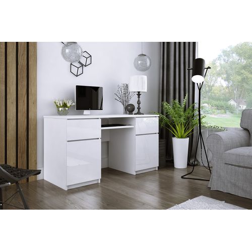 Bureau : 2 Tiroirs, 2 Portes, 5 Étagères, Blanc Mat, Blanc Brillant, 135 X 77 X 50 Cm