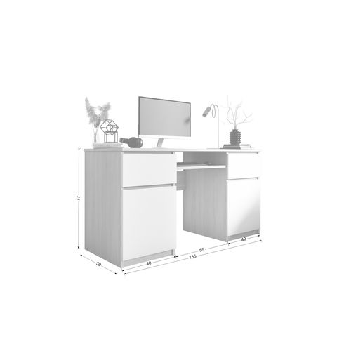 Bureau : 2 Tiroirs, 2 Portes, 5 Étagères, Blanc Mat, Blanc Brillant, 135 X 77 X 50 Cm