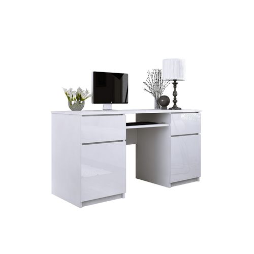 Bureau : 2 Tiroirs, 2 Portes, 5 Étagères, Blanc Mat, Blanc Brillant, 135 X 77 X 50 Cm