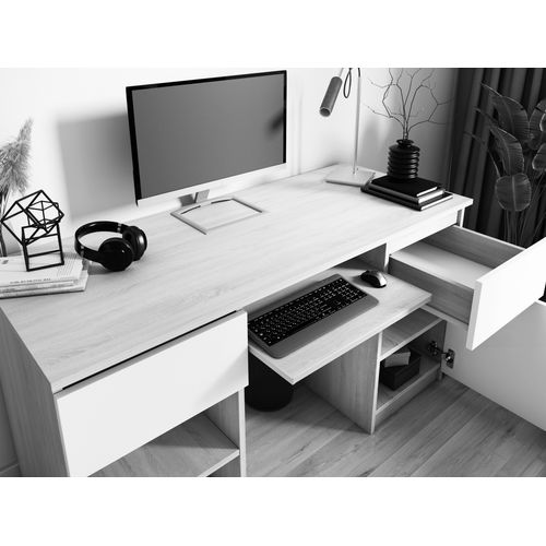Bureau : 2 Tiroirs, 2 Portes, 5 Étagères, Blanc Mat, Blanc Brillant, 135 X 77 X 50 Cm