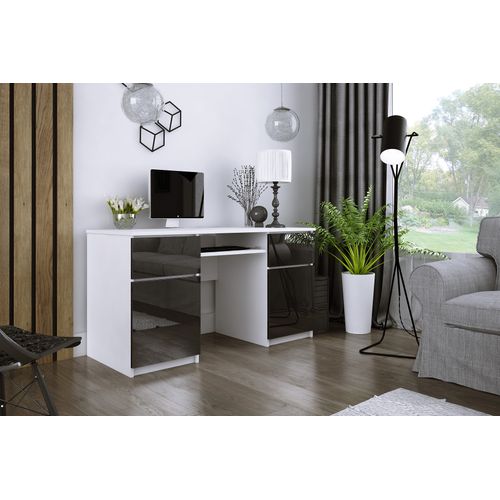 Bureau : 2 Tiroirs, 2 Portes, 5 Étagères, Blanc Mat, Noir Brillant, 135 X 77 X 50 Cm