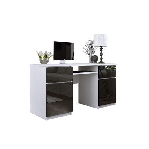 Bureau : 2 Tiroirs, 2 Portes, 5 Étagères, Blanc Mat, Noir Brillant, 135 X 77 X 50 Cm