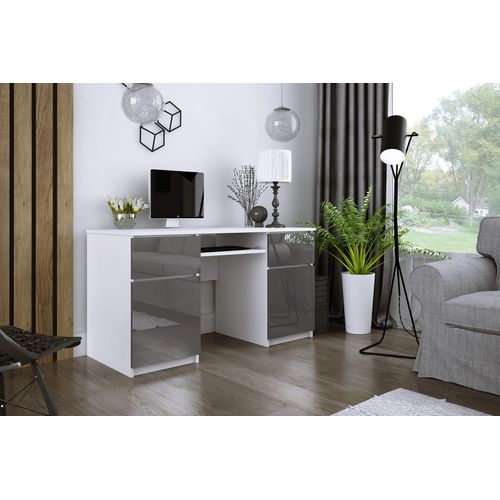 Bureau : 2 Tiroirs, 2 Portes, 5 Étagères, Blanc Mat, Gris Brillant, 135 X 77 X 50 Cm