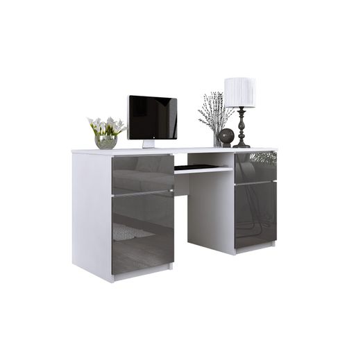 Bureau : 2 Tiroirs, 2 Portes, 5 Étagères, Blanc Mat, Gris Brillant, 135 X 77 X 50 Cm