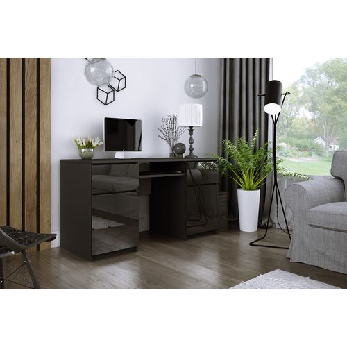 Bureau : 2 Tiroirs, 2 Portes, 5 Étagères, Noir Mat, Noir Brillant, 135 X 77 X 50 Cm