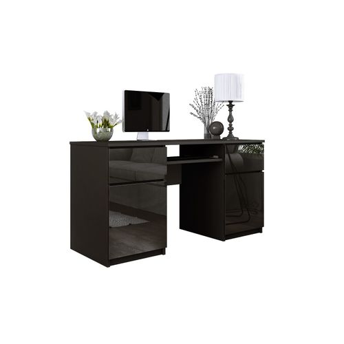 Bureau : 2 Tiroirs, 2 Portes, 5 Étagères, Noir Mat, Noir Brillant, 135 X 77 X 50 Cm