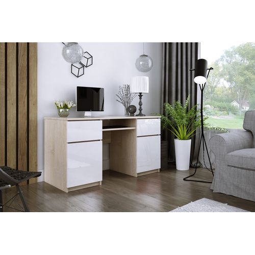 Bureau : 2 Tiroirs, 2 Portes, 5 Étagères, Sonoma, Blanc Brillant, 135 X 77 X 50 Cm