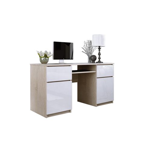 Bureau : 2 Tiroirs, 2 Portes, 5 Étagères, Sonoma, Blanc Brillant, 135 X 77 X 50 Cm