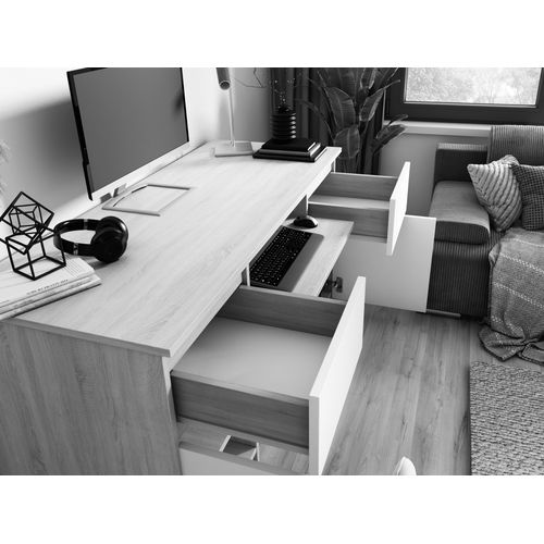 Bureau : 2 Tiroirs, 2 Portes, 5 Étagères, Sonoma, Blanc Brillant, 135 X 77 X 50 Cm