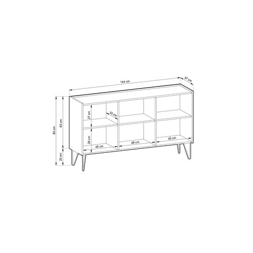 Buffet : 3 Portes, 6 Étagères, Noir Graphite / Marbre Noir, 144 Cm X 83 Cm X 37 Cm