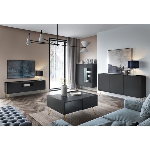 Vitrine : 2 Portes, 5 Étagères, Noir Graphite / Marbre Noir, 97 X 122 X 37 Cm