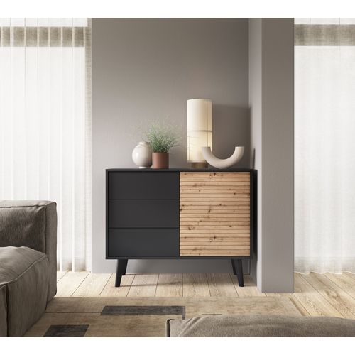 Buffet : 3 Tiroirs, 1 Porte, 2 Étagères, Noir / Chêne Artisan, 104 X 83 X 39 Cm