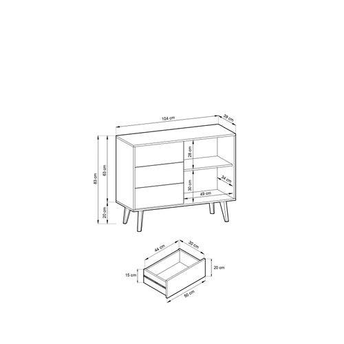 Buffet : 3 Tiroirs, 1 Porte, 2 Étagères, Noir / Chêne Artisan, 104 X 83 X 39 Cm