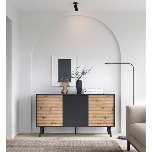 Commode : 3 Portes, 6 Étagères, Noir / Chêne Artisan, 154 X 83 X 39 Cm