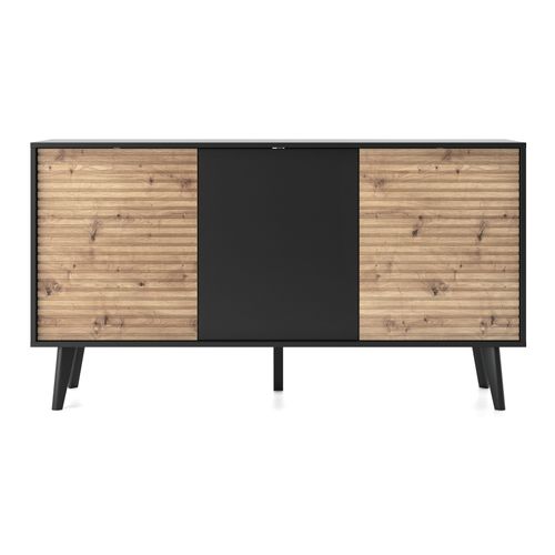 Commode : 3 Portes, 6 Étagères, Noir / Chêne Artisan, 154 X 83 X 39 Cm
