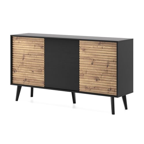 Commode : 3 Portes, 6 Étagères, Noir / Chêne Artisan, 154 X 83 X 39 Cm