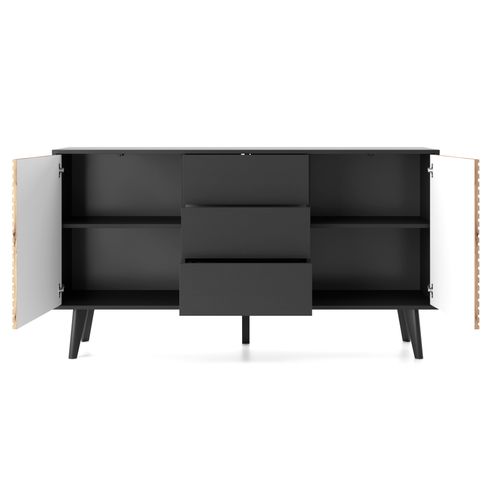 Buffet : 3 Tiroirs, 2 Portes, 4 Étagères, Noir / Chêne Artisan, 154 X 83 X 39 Cm