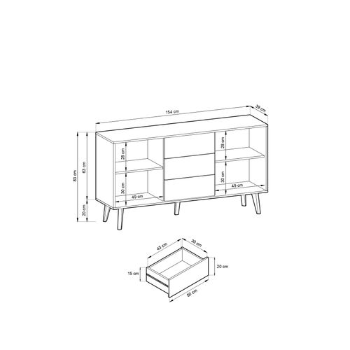 Buffet : 3 Tiroirs, 2 Portes, 4 Étagères, Noir / Chêne Artisan, 154 X 83 X 39 Cm
