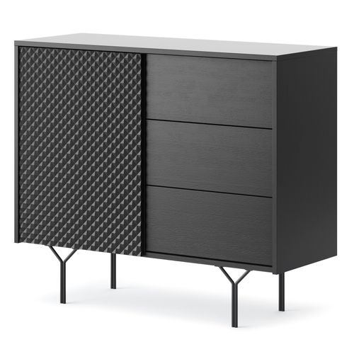 Buffet : 3 Tiroirs, 1 Porte, 2 Étagères, Noir Graphite, 97 X 83 X 38 Cm