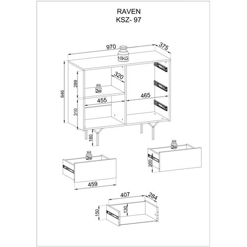 Buffet : 3 Tiroirs, 1 Porte, 2 Étagères, Noir Graphite, 97 X 83 X 38 Cm