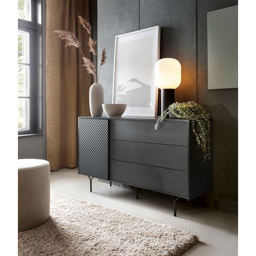 Commode : 3 Tiroirs, 1 Porte, 2 Étagères, Noir Graphite, 144 X 83 X 38 Cm