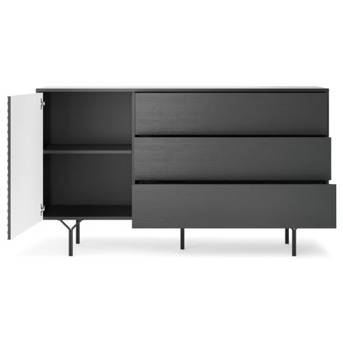 Commode : 3 Tiroirs, 1 Porte, 2 Étagères, Noir Graphite, 144 X 83 X 38 Cm